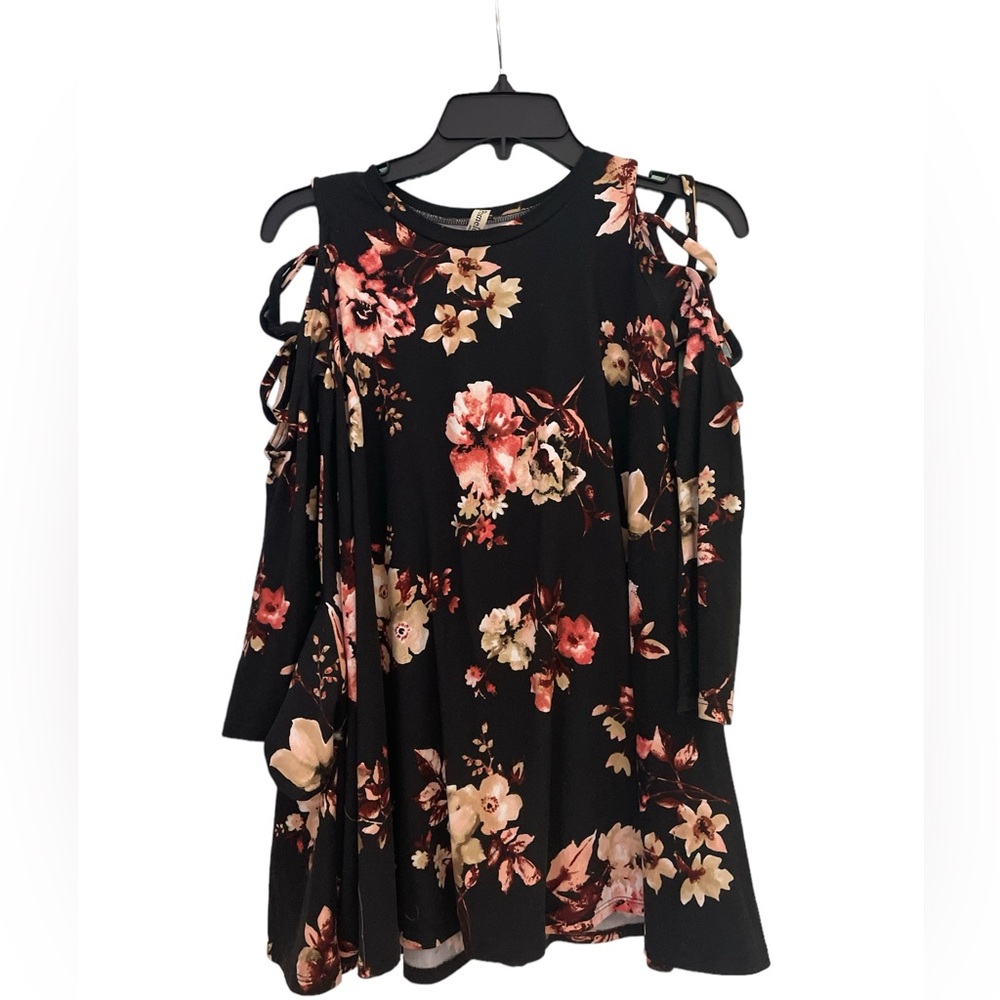 Pomelo kids girls floral knit black swing dress fall winter open shoulder 10/12